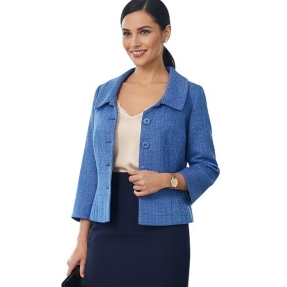 Vintage DARA LAMB Haute De Gamme Blue Tweed Cropped Jacket Women 8/10 $3200